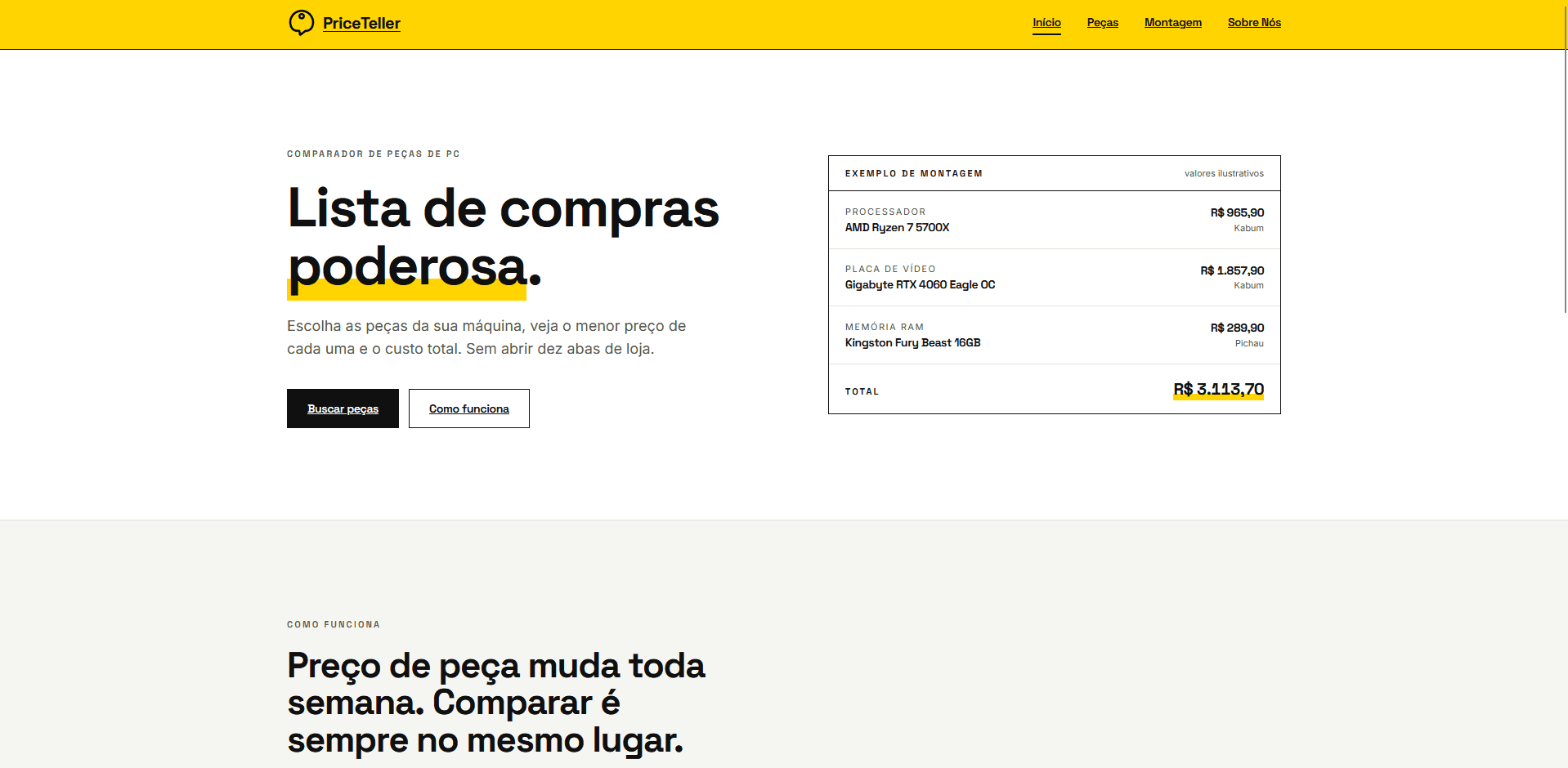Tela de comparação de preços do PriceTeller